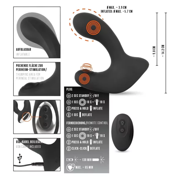 Rebel RC - plug anal vibrant gonflable sans fil rechargeable - noir