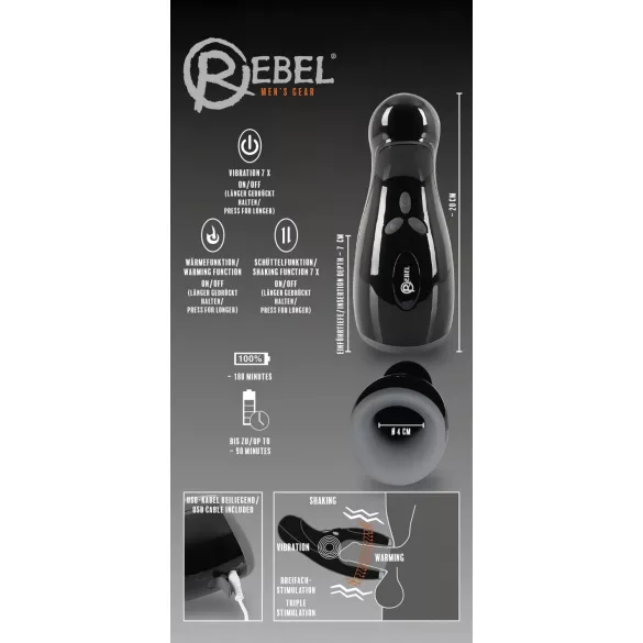 Rebel - masturbateur chauffant vibrant va-et-vient réglable - noir