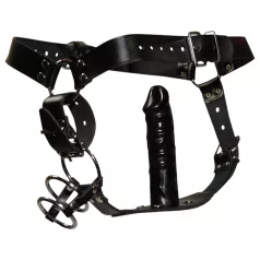 ZADO - string cuir avec gode et 3 anneaux péniens