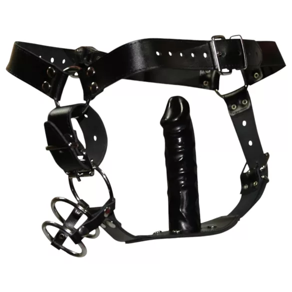 ZADO - string cuir avec gode et 3 anneaux péniens - L/XL