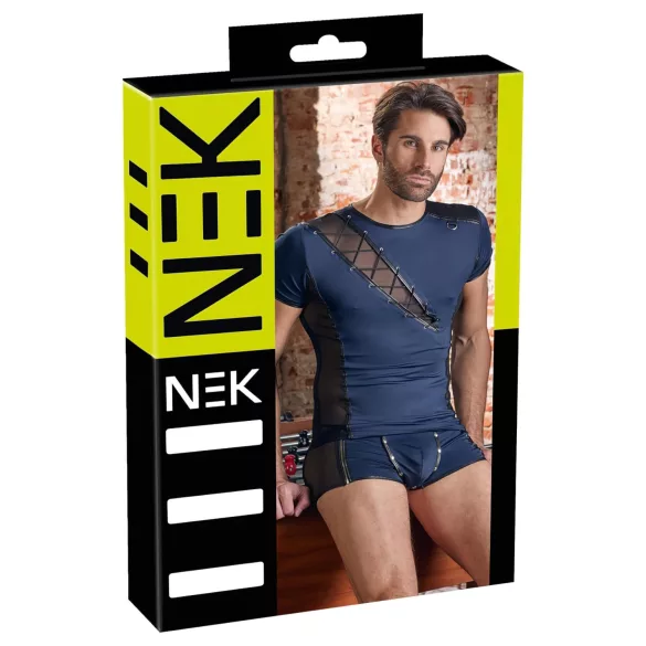 NEK - haut homme résille lacets noirs - bleu - M