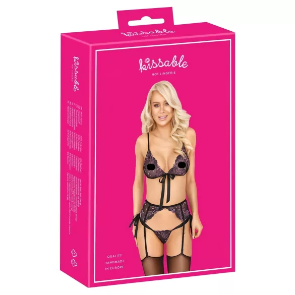 Kissable - soutien-gorge noir brodé rose-lilas - L/XL