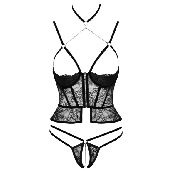 Abierta Fina - string ouvert et corset - dentelle noire - M