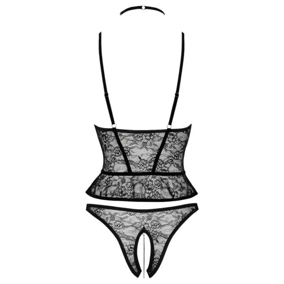 Abierta Fina - string ouvert et corset - dentelle noire - M