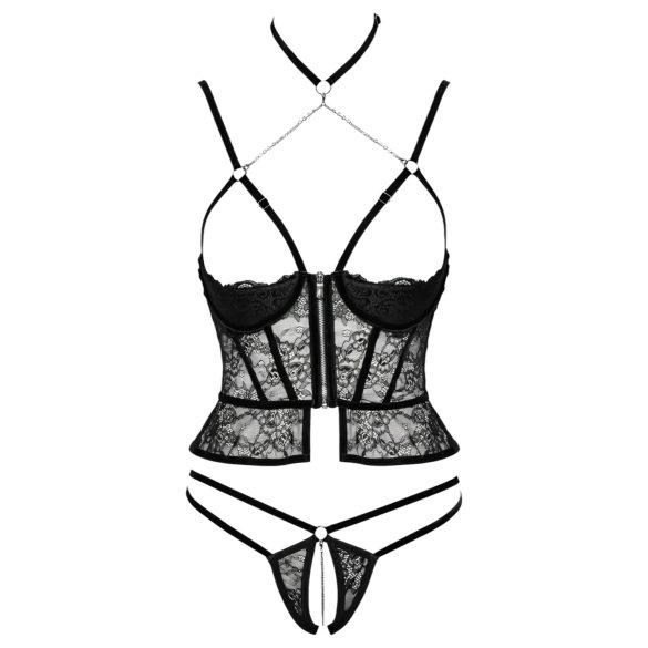 Abierta Fina - string ouvert et corset - dentelle noire - L