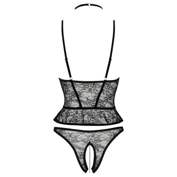 Abierta Fina - string ouvert et corset - dentelle noire - L