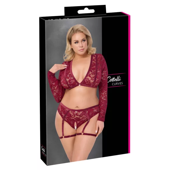 Cottelli Curves - ensemble lingerie dentelle manches longues - rouge