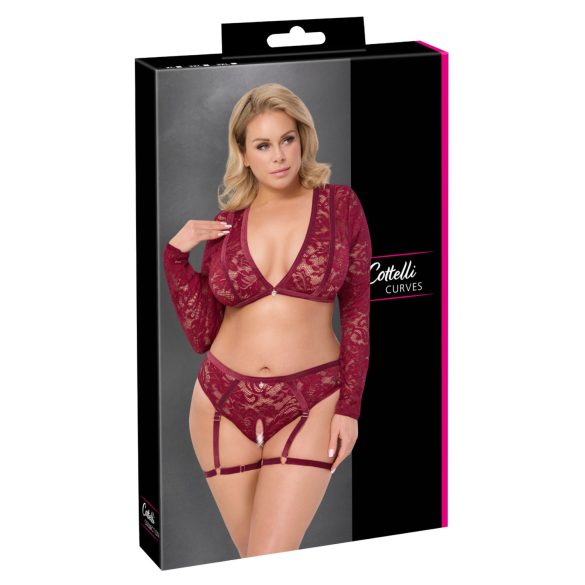 Cottelli Curves - ensemble lingerie dentelle manches longues - rouge - 3XL