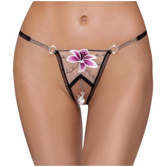 Cottelli - string femme brodé luxe - noir et blanc - motif lys