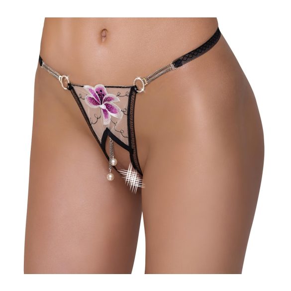 Cottelli - string femme brodé luxe - noir et blanc - motif lys