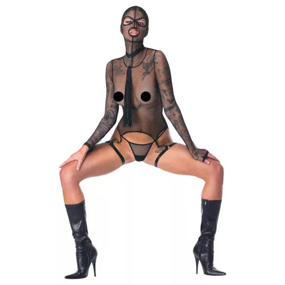 Bad Kitty - Ensemble BDSM en résille transparente avec fouet (noir) - M
