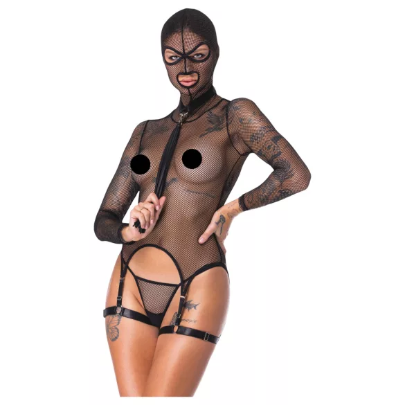 Bad Kitty - Ensemble BDSM en résille transparente avec fouet (noir) - M