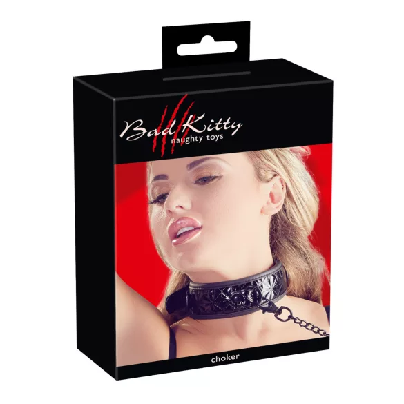 Bad Kitty - collier et laisse avec motif pierres précieuses - noir