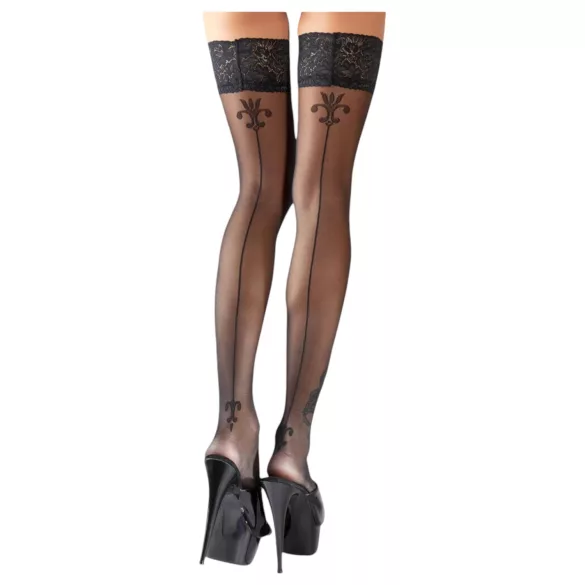 Cottelli - bas jarretières motif fleur liseré rayé - noir - 3