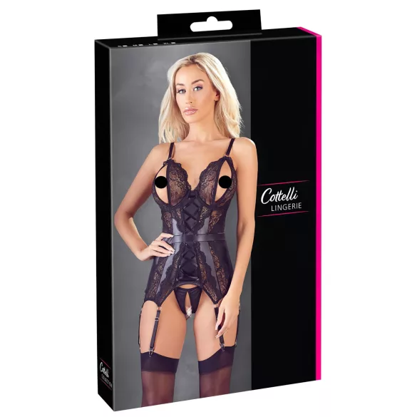 Cottelli - ensemble haut ouvert en dentelle et string - noir - XL