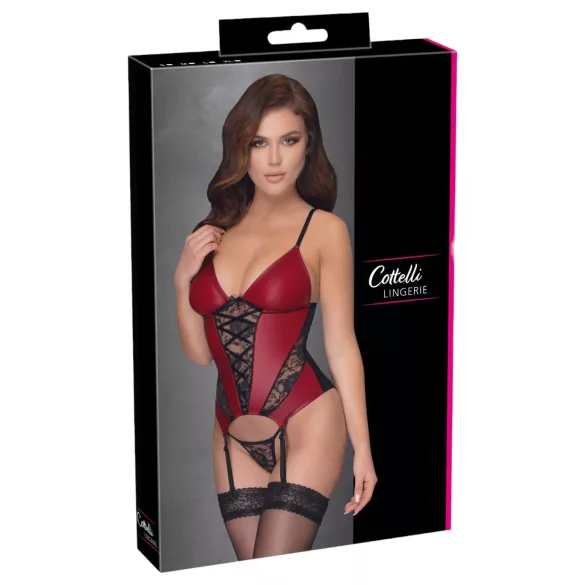 Cottelli - corset porte-jarretelles à empiècements en dentelle avec string (rouge) - M