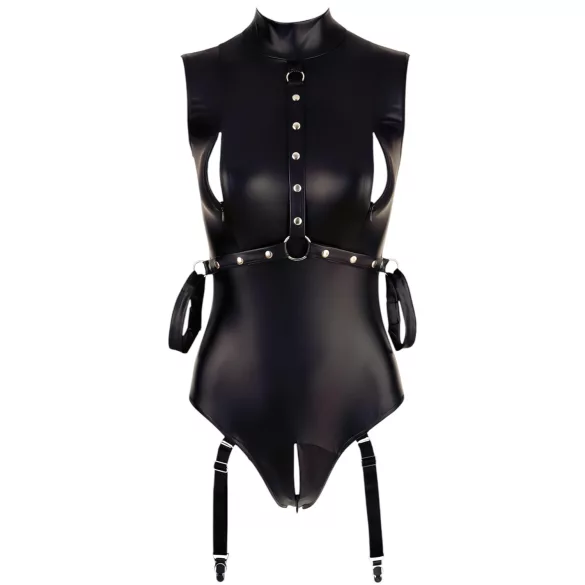 Cottelli Bondage - body sans manches brillant et menottes pour bras - noir