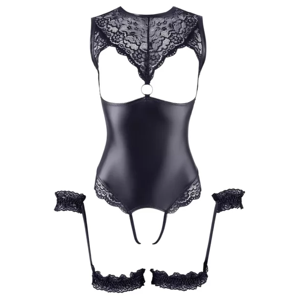 Cottelli Bondage - body ouvert brillant avec menottes - noir