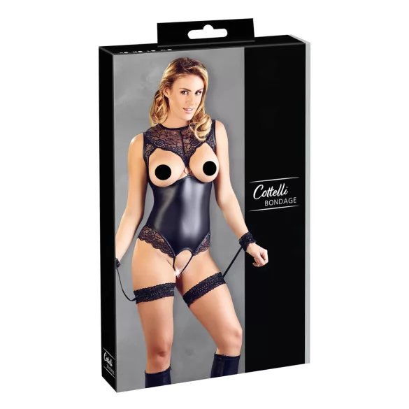 Cottelli Bondage - body ouvert brillant avec menottes - noir - XL
