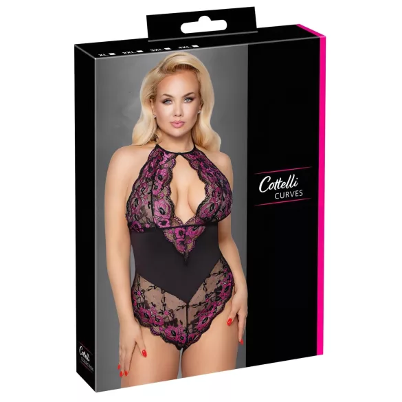 Cottelli - body grande taille femme - dentelle florale - noir violet - 3XL