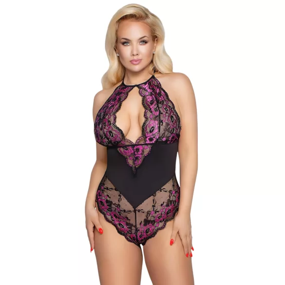 Cottelli - body grande taille femme - dentelle florale - noir violet - 3XL