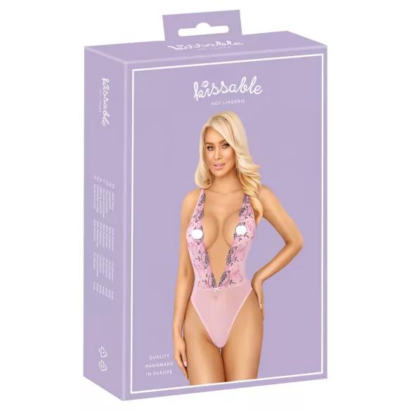 Kissable - body en dentelle brodée de roses - rose - L/XL