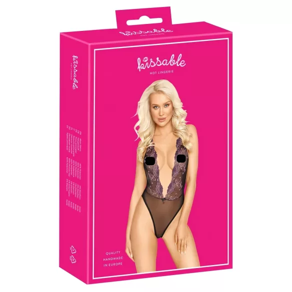 Body noir brodé rose "Kissable" - L/XL