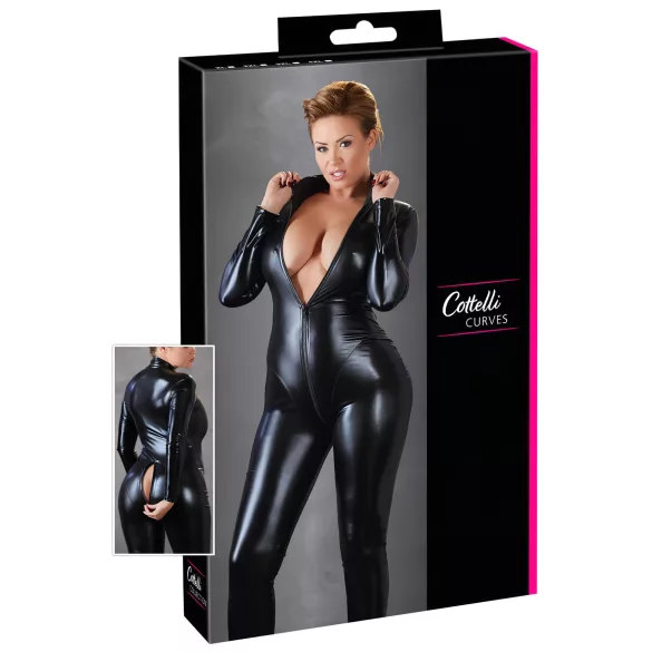 Cottelli Plus Size - combinaison moulante manches longues brillante - noir - 3XL