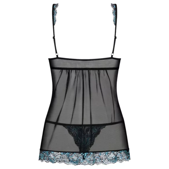 Obsessive Amanta - babydoll et string - dentelle brodée - noir turquoise