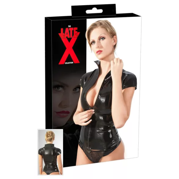 Haut femme à manches courtes en latex avec fermeture éclair (noir)