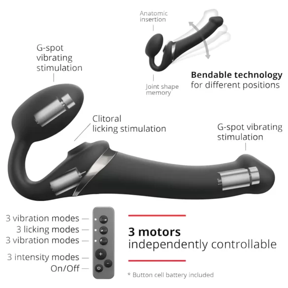 Strap-on-me - gode ceinture vibrant à ondes d’air - silicone noir - M