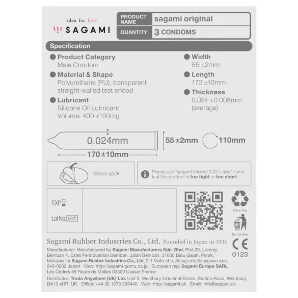 Sagami Original 0,02 - préservatif fin 55mm - boîte de 3
