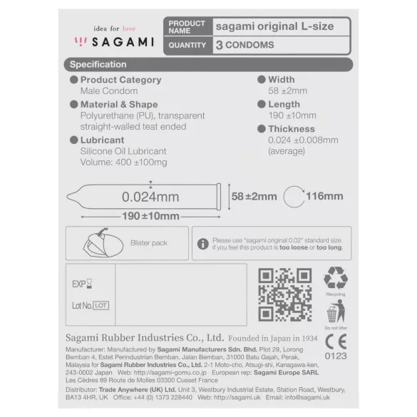 Sagami Original 0,02 L - préservatif ultra-fin - 58mm - boîte de 3