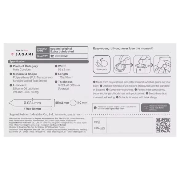 Sagami Original 0.02 - préservatif extra lubrifié - 55mm - boîte de 12