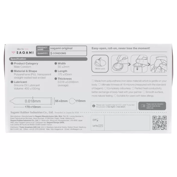 Sagami Original 0.01 - préservatif ultra-fin - 55mm - boîte de 5