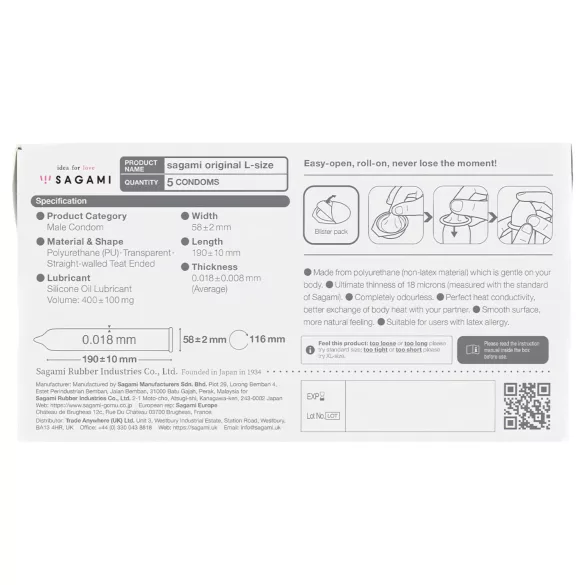 Sagami Original 0.01 L - préservatif ultra-fin - 58mm - boîte de 5