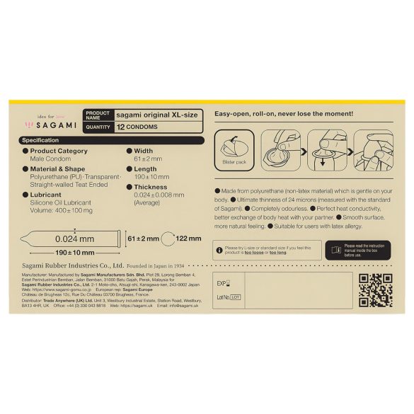 Sagami Original 0,02 XL - préservatif grande taille - 61mm - boîte de 12