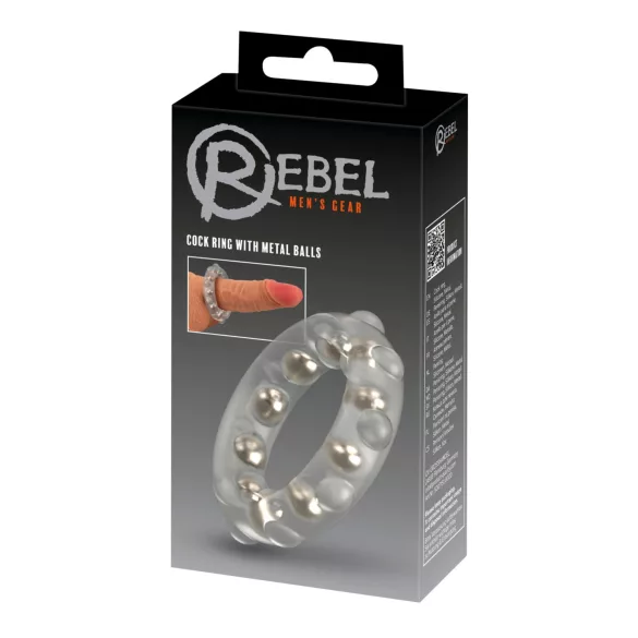 Rebel - anneau pénien en silicone transparent à billes métalliques et à picots.