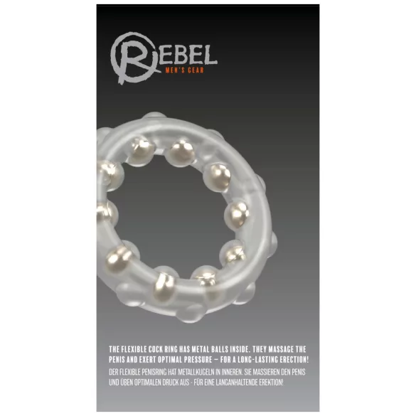 Rebel - anneau pénien en silicone transparent à billes métalliques et à picots.