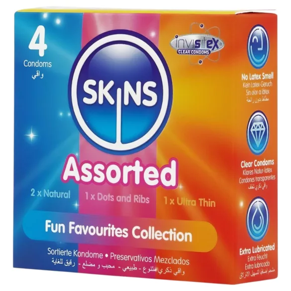 Skins - préservatifs assortis - perlés, naturels, extra fins (4 pcs)