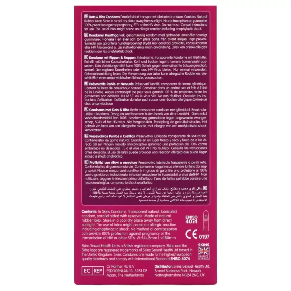 Skins - préservatif nervuré et à picots - boîte de 16