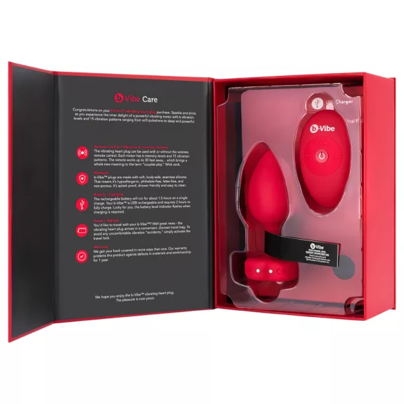 b-vibe heart - vibromasseur anal, sans fil, rechargeable (rouge)