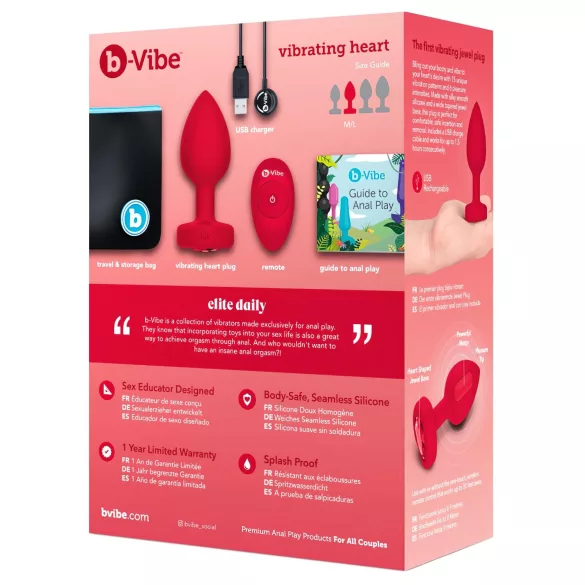 b-vibe heart - vibromasseur anal, sans fil, rechargeable (rouge)