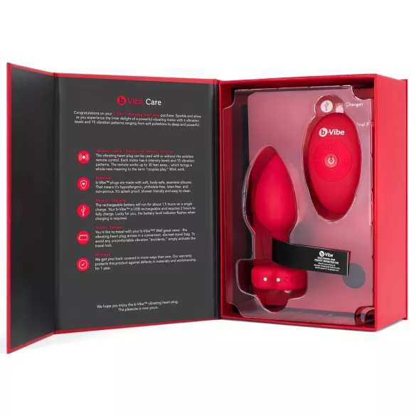b-vibe heart - vibromasseur anal, sans fil, rechargeable (rouge)