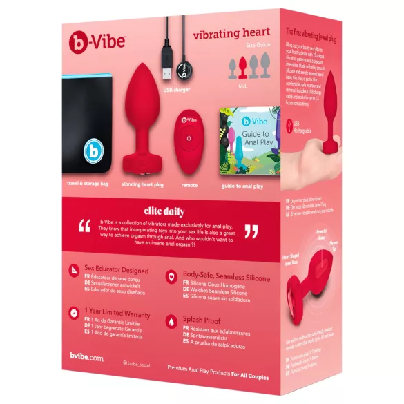 b-vibe heart - vibromasseur anal, sans fil, rechargeable (rouge)