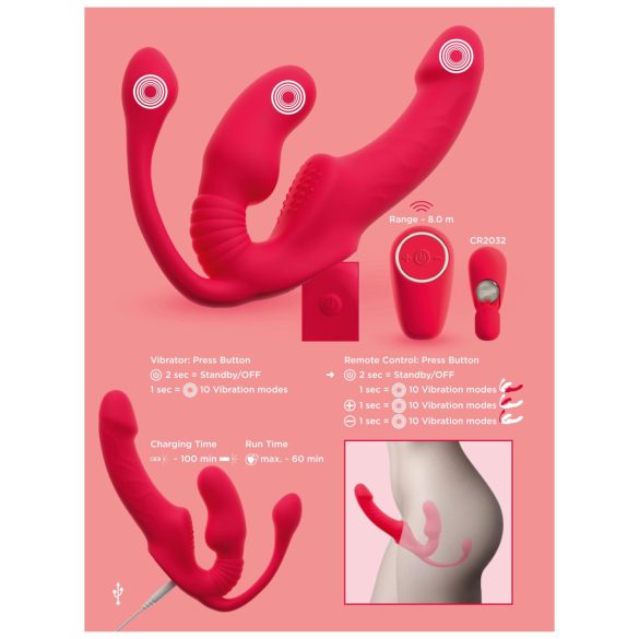 You2Toys Strapless - vibromasseur harnais sans sangle à 3 branches (rose)