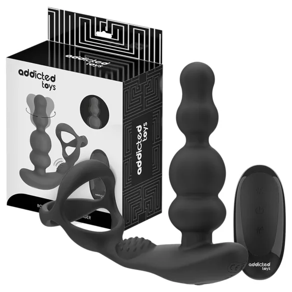 Addicted Toys - anneau pénien avec plug anal vibrant rotatif - noir