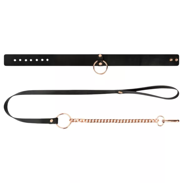 Rosy Gold - collier et laisse - cuir noir et or rose