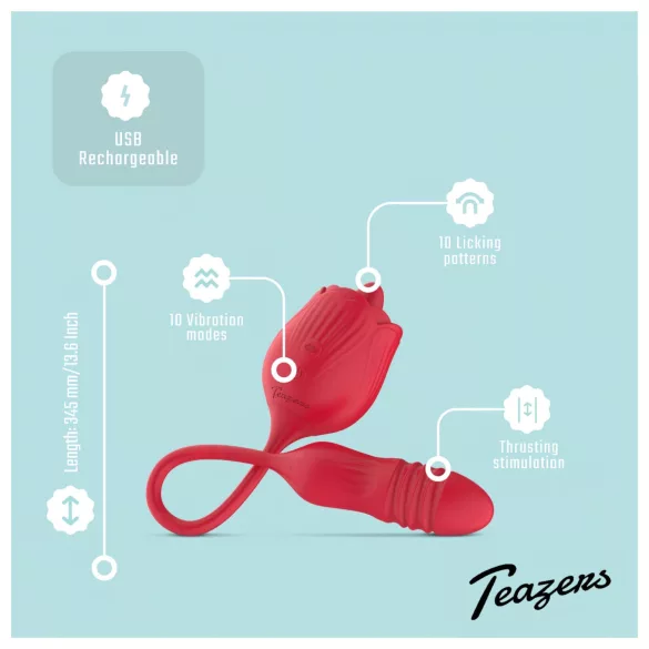 Teazers Rose - vibromasseur à va-et-vient avec stimulateur clitoridien langue (rouge)