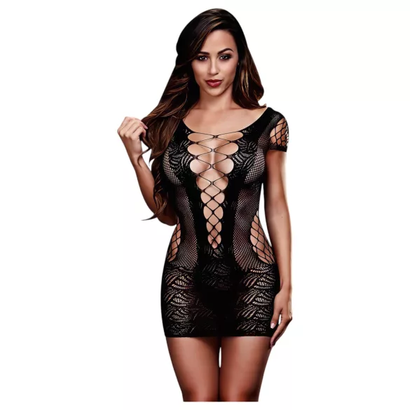 Baci - robe mini résille manches courtes à lacets - noir (S-L)